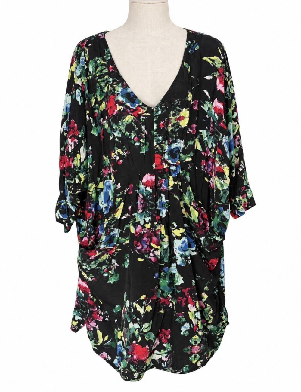 Maeve Petal Pallet Tunic Dress Women's L Black Floral Flowy Pockets Cottagecore